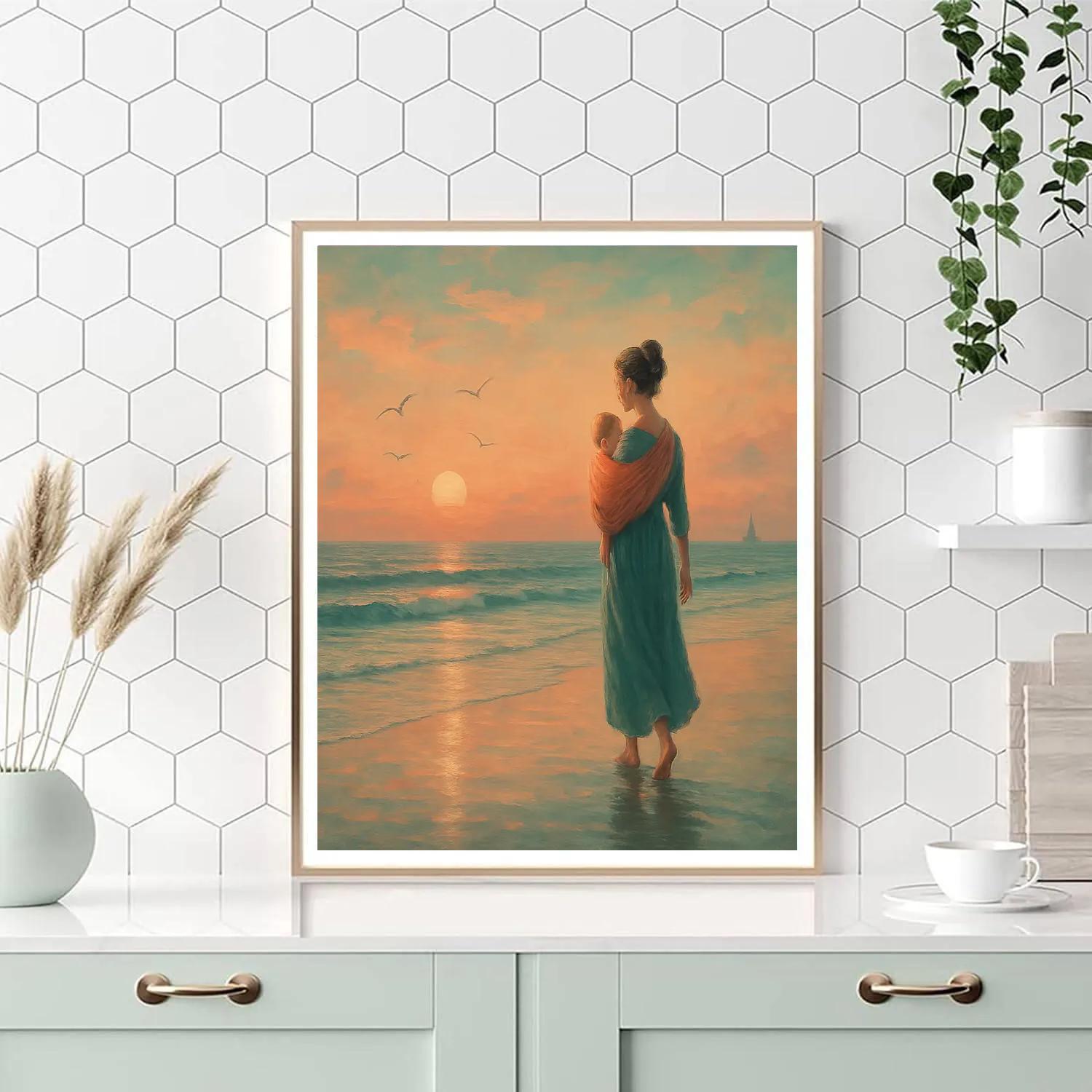 Seaside Sunset Walk With Mom And Baby Painting by numbers kit