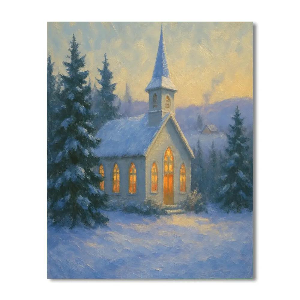 Candlelit Country Church In Snow paint by number