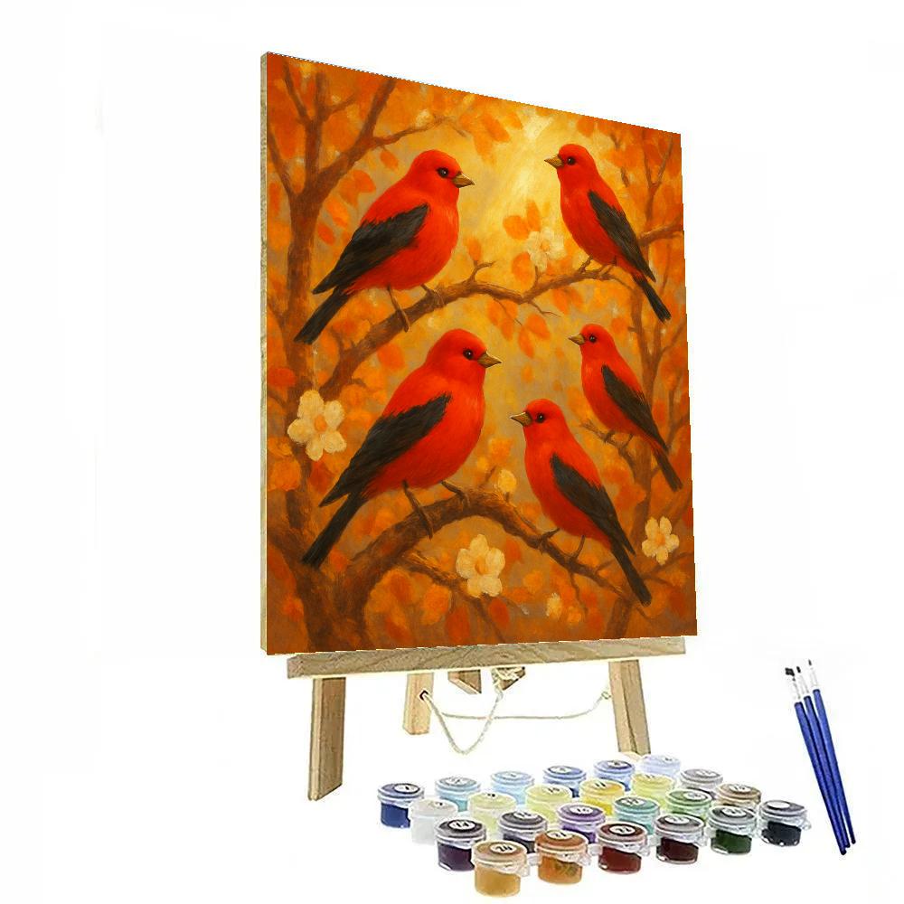 Sunlit Tanagers Among Autumn Blossoms paint by color