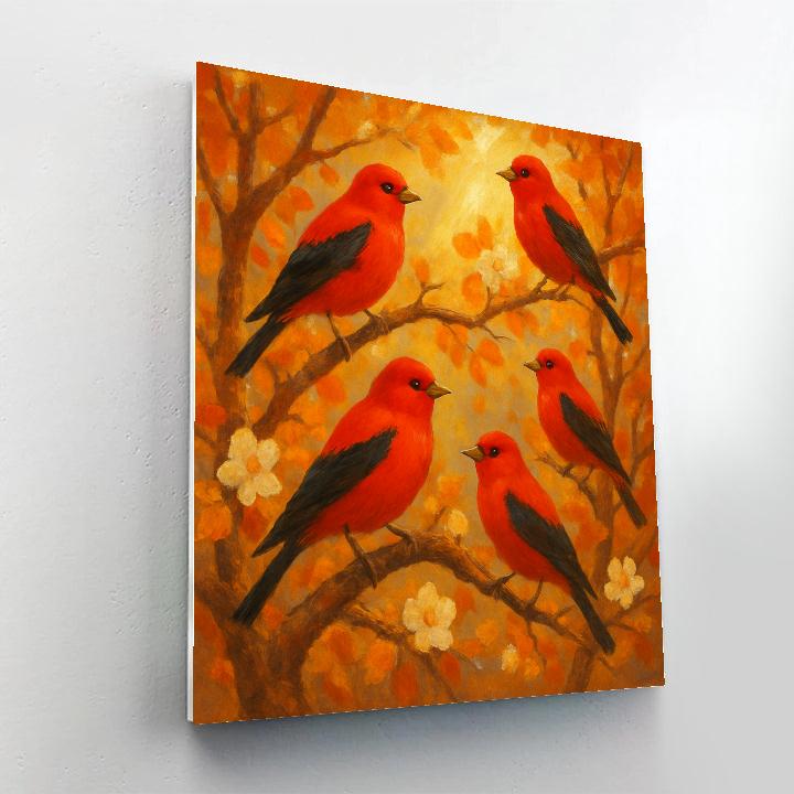 Sunlit Tanagers Among Autumn Blossoms paint by color
