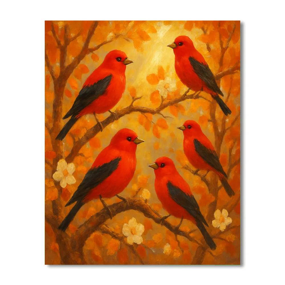 Sunlit Tanagers Among Autumn Blossoms paint by color