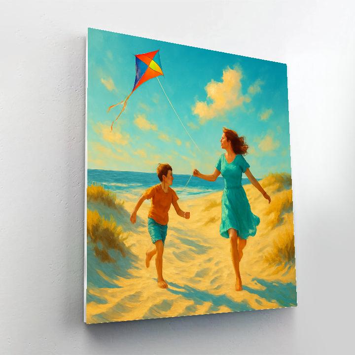 Mother And Child Kite Flying At Dunes Numbered painting kits