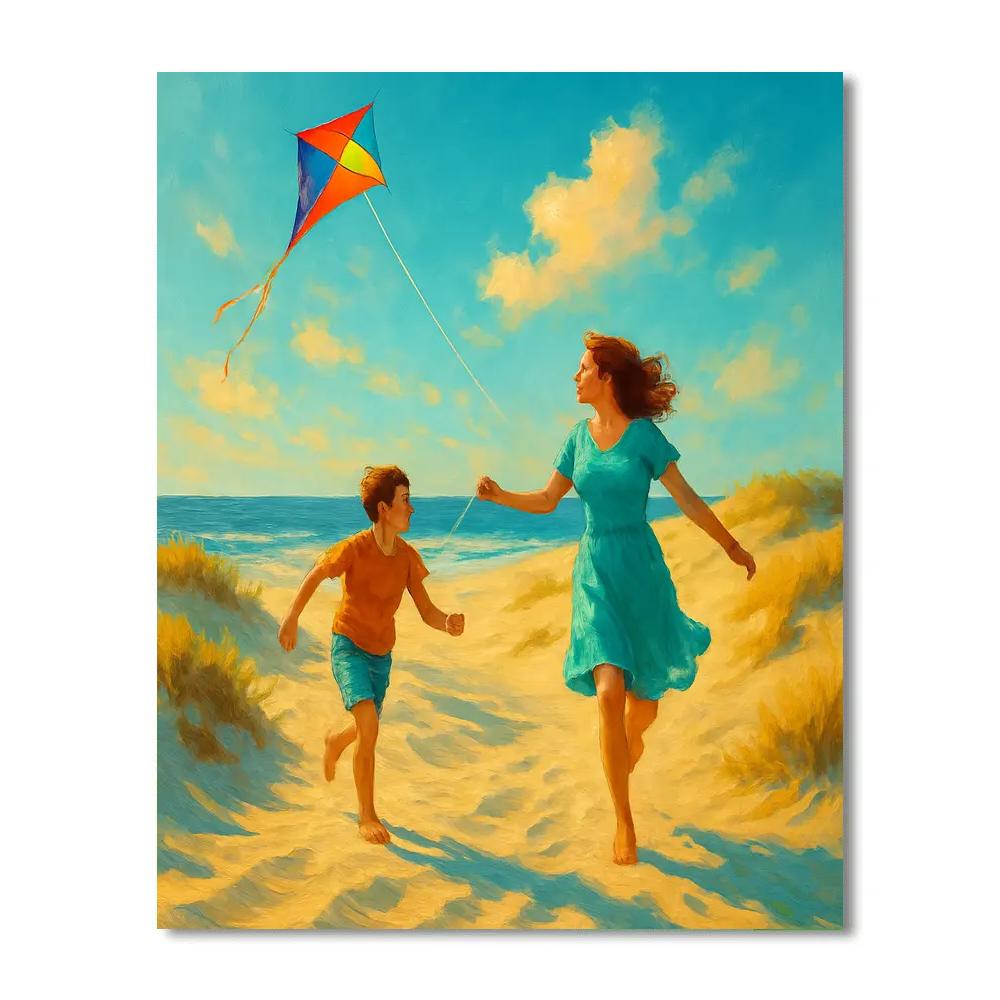 Mother And Child Kite Flying At Dunes Numbered painting kits