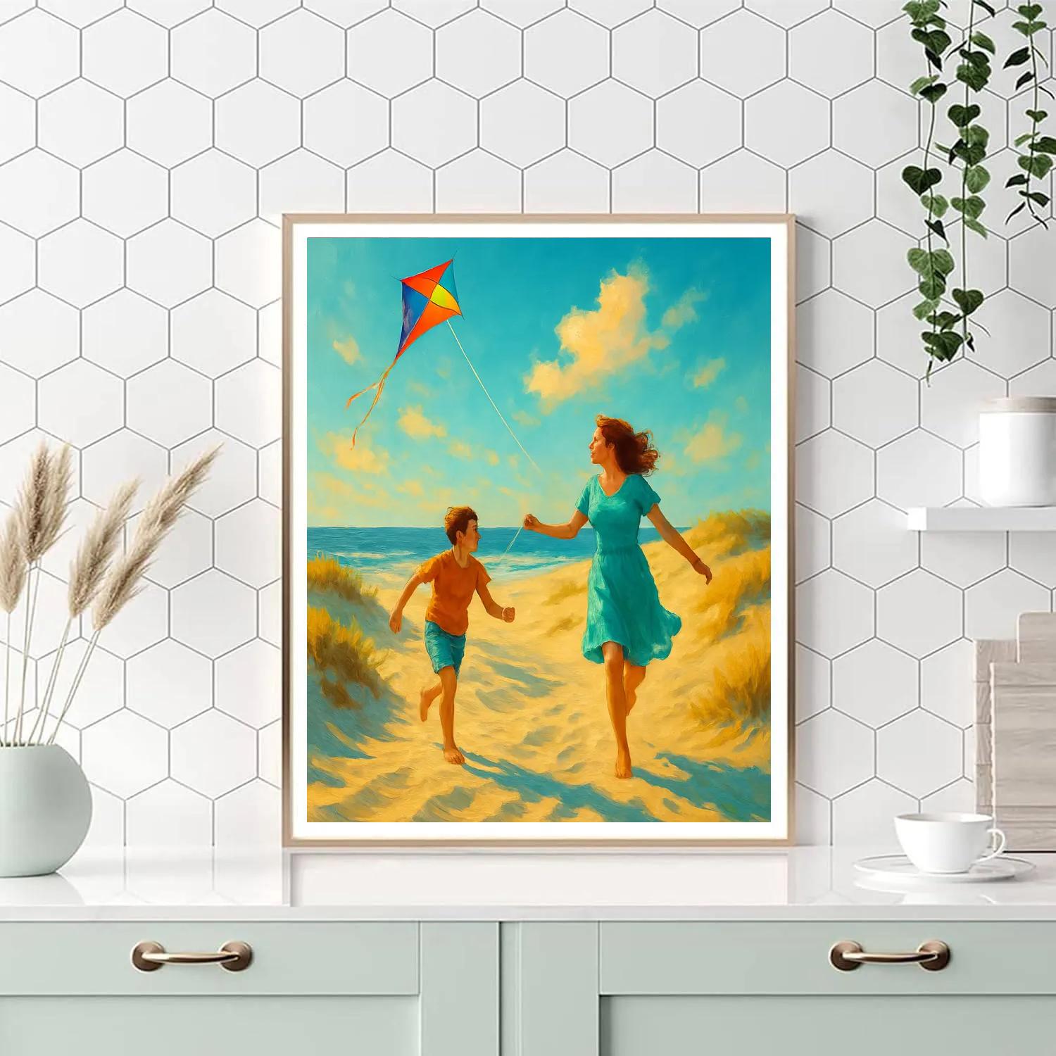 Mother And Child Kite Flying At Dunes Numbered painting kits