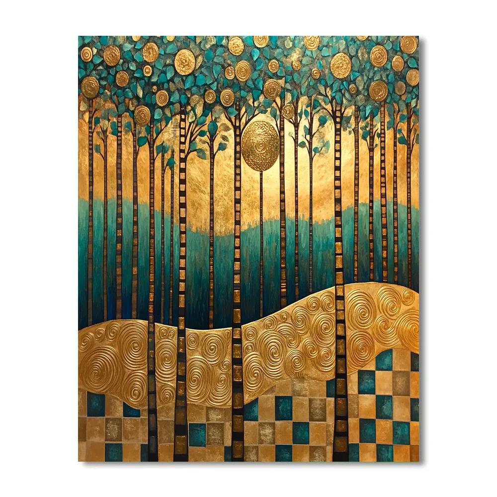 Gustav Klimt Inspired Ornamental Golden Forest paint by color