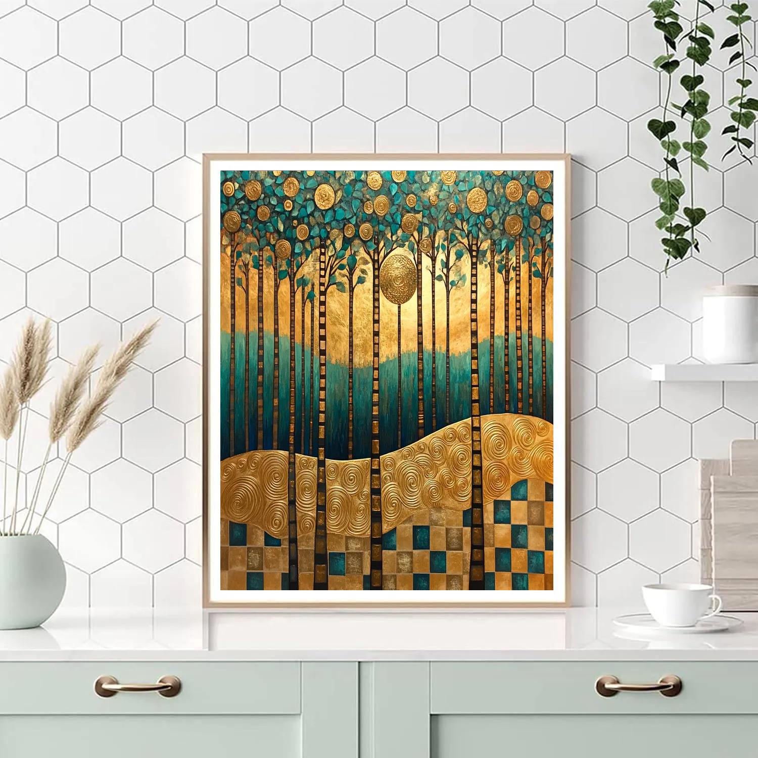 Gustav Klimt Inspired Ornamental Golden Forest paint by color