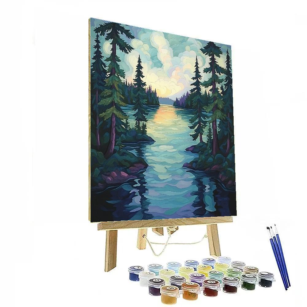 J. E. H. MacDonald Inspired Shimmering Pines Framing A Tranquil Northern Lake Paint by numbers art