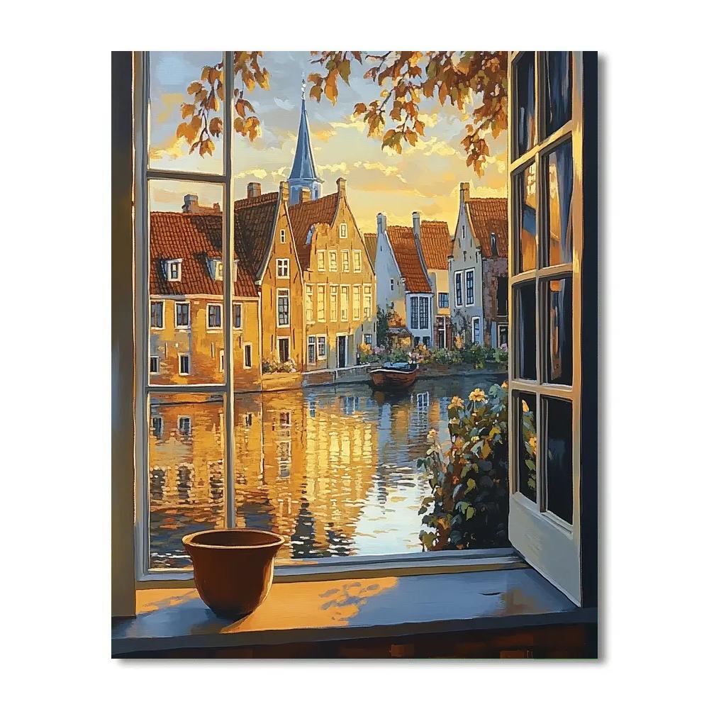 Johannes Vermeer Inspired Rooftops In Golden Canal Light paint by number