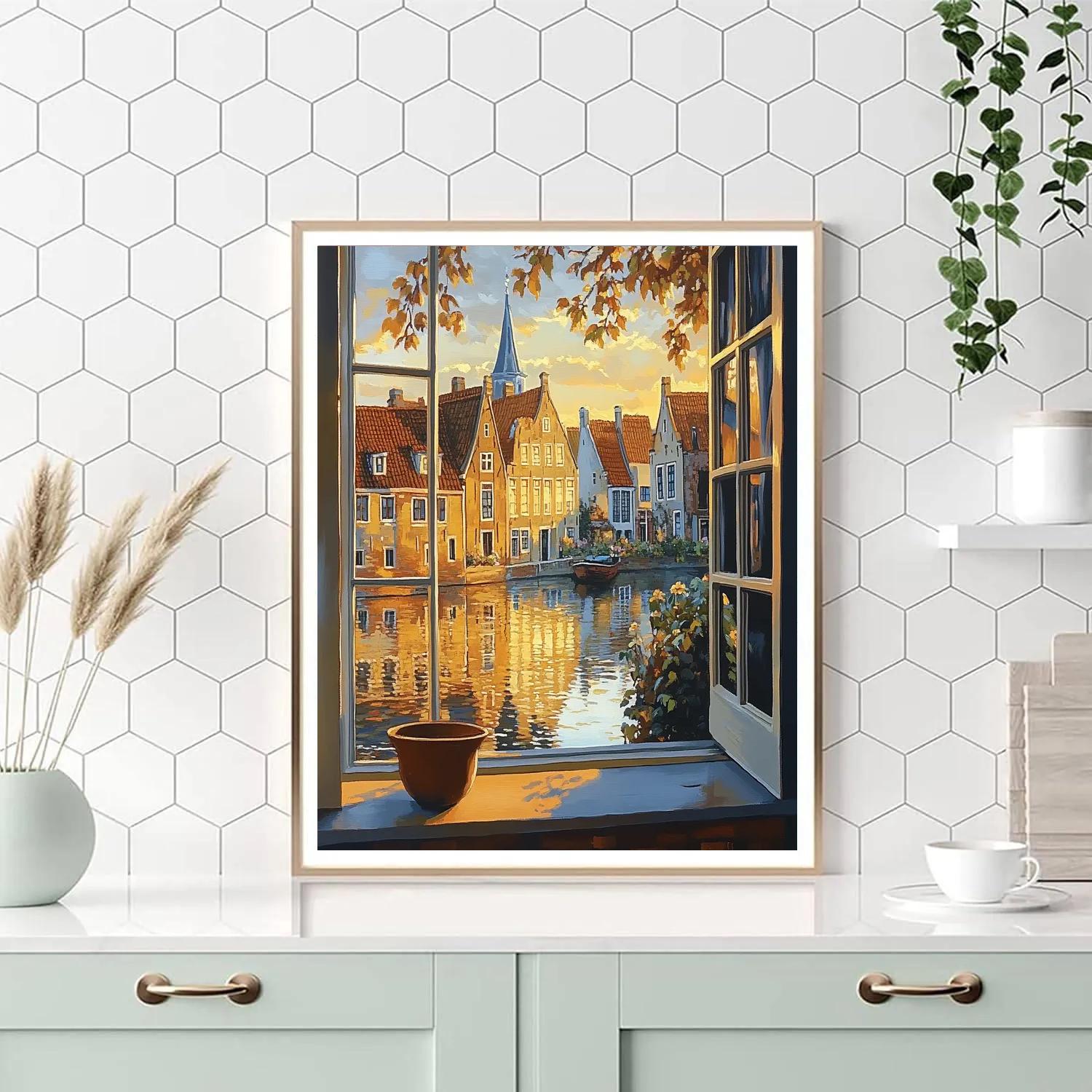 Johannes Vermeer Inspired Rooftops In Golden Canal Light paint by number