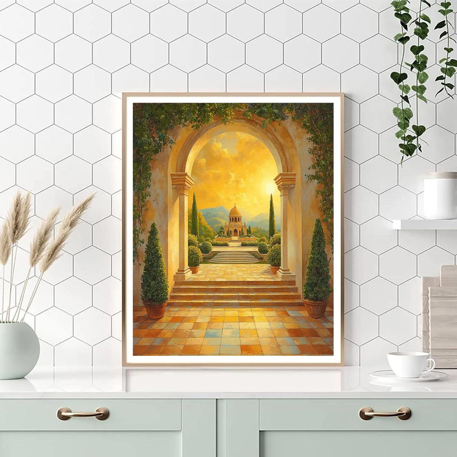 Raphael Inspired Classical Archway Bathed In Golden Light paint by numbers