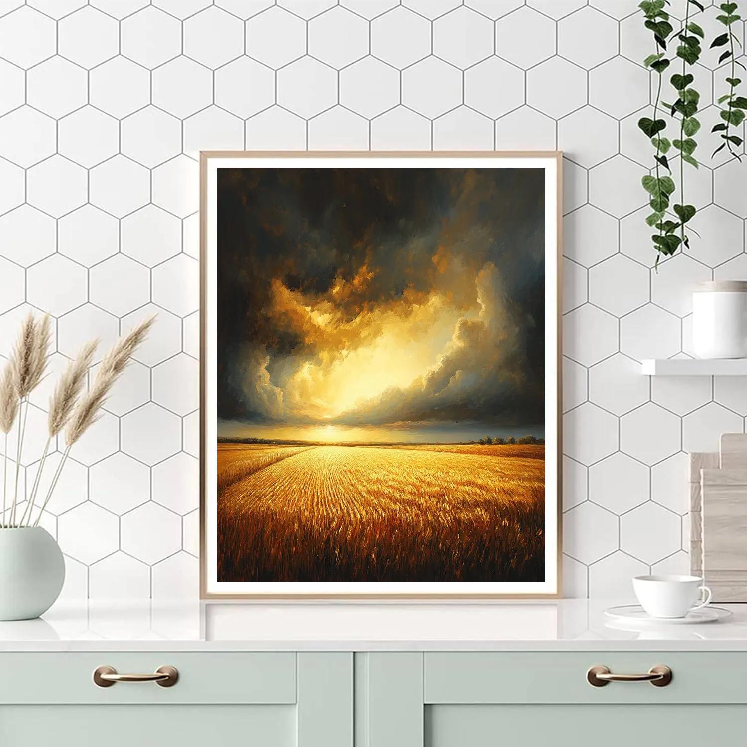 Rembrandt Inspired Golden Field Under Stormy Sky Number painting