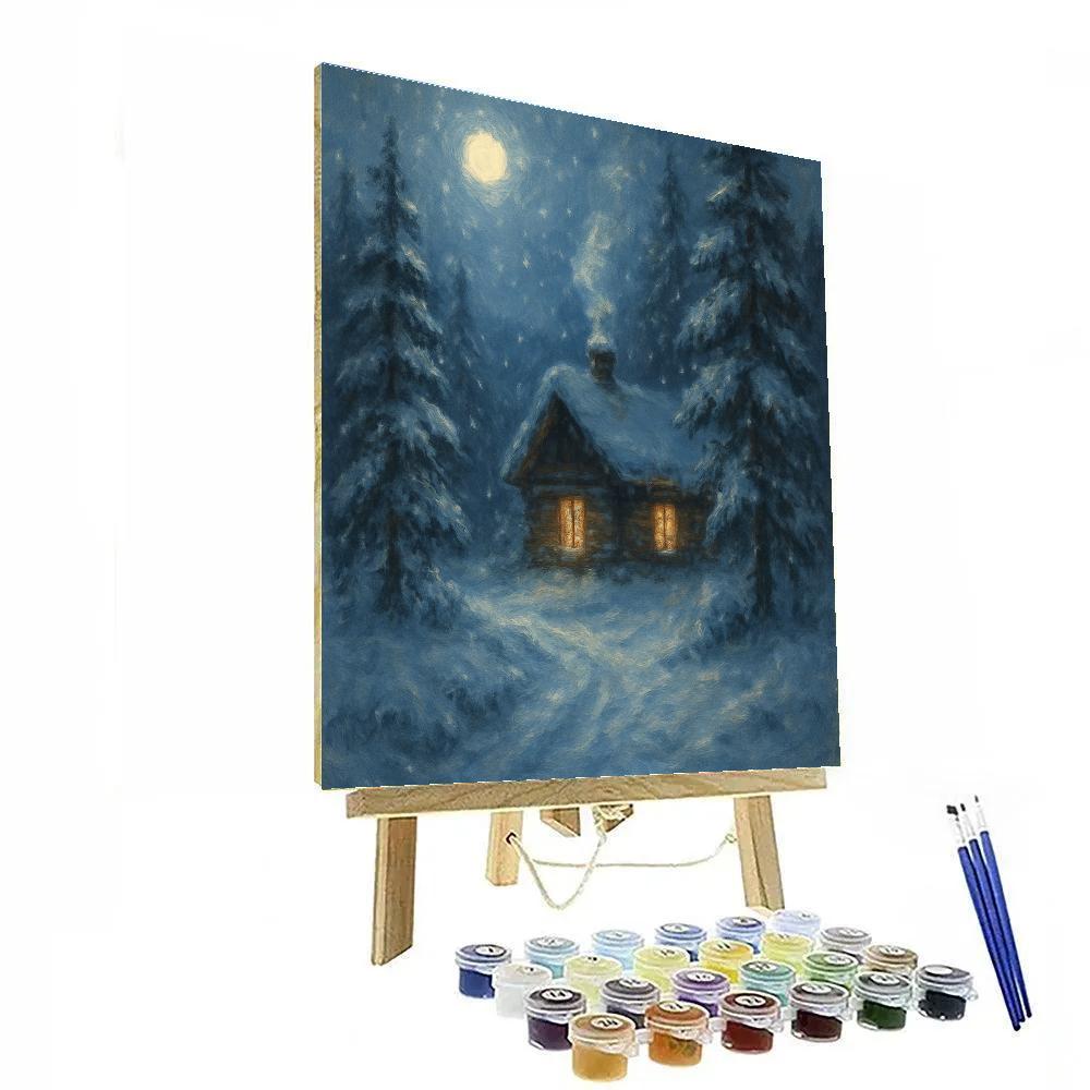 Moonlit Pine Cabin Winter Landscape Numbered painting kits