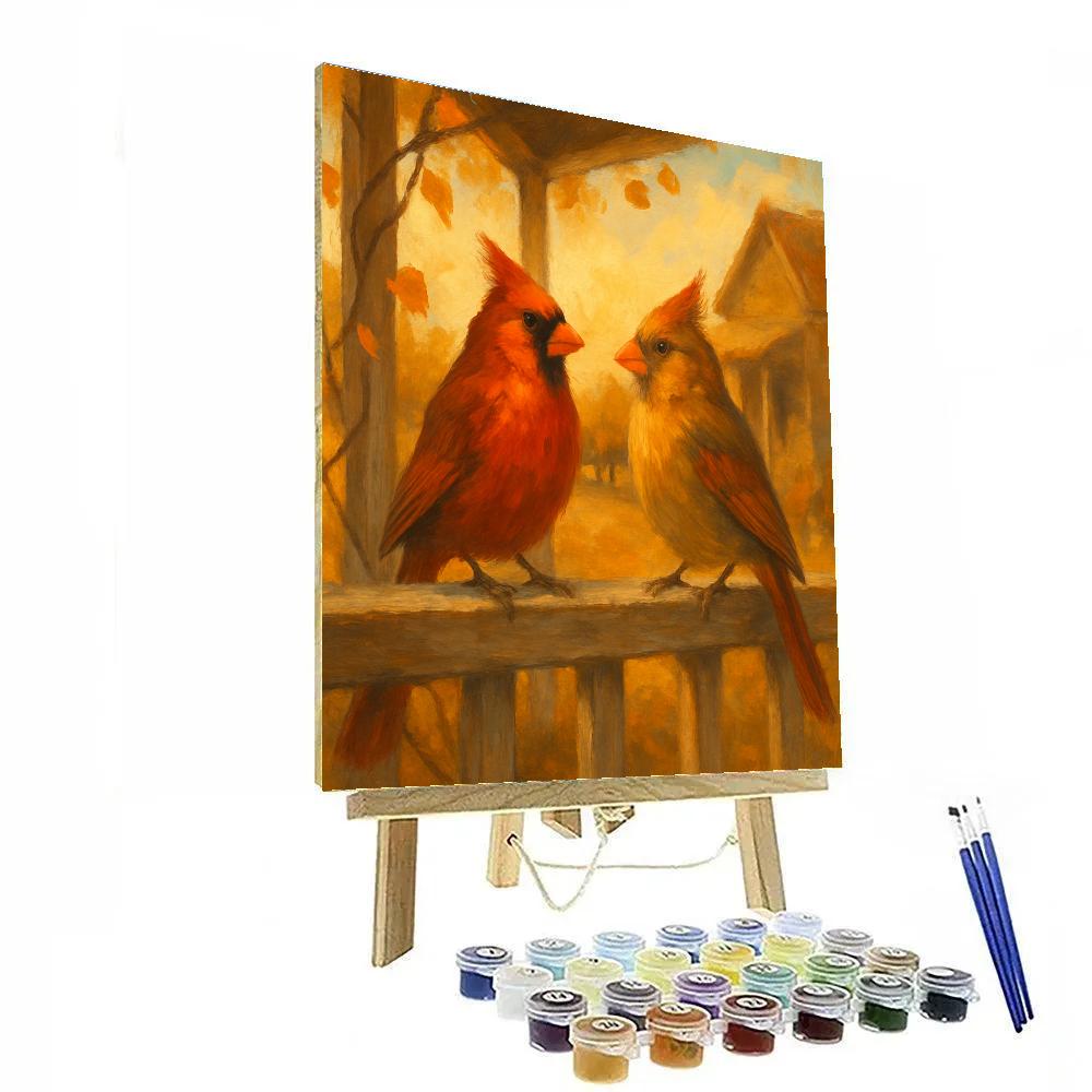 Autumn Cardinals On A Porch Railing Numbered painting kits