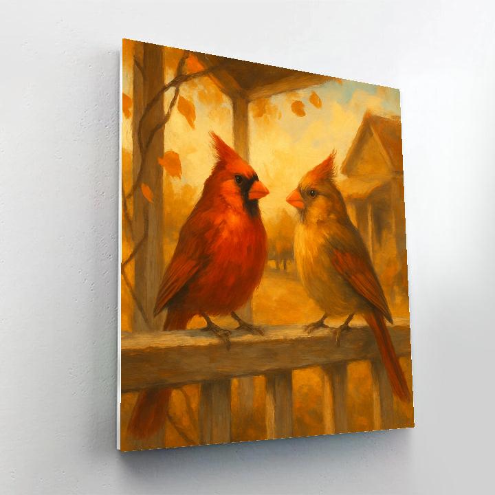 Autumn Cardinals On A Porch Railing Numbered painting kits