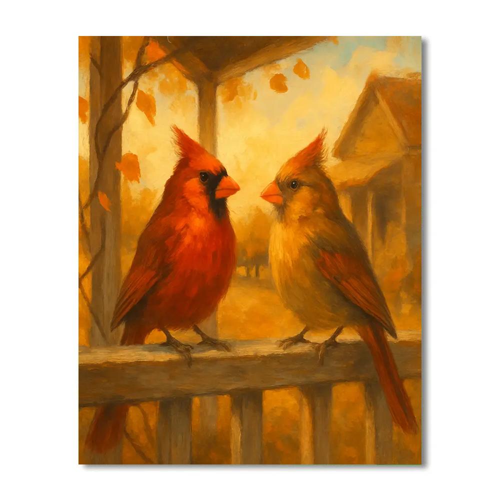 Autumn Cardinals On A Porch Railing Numbered painting kits