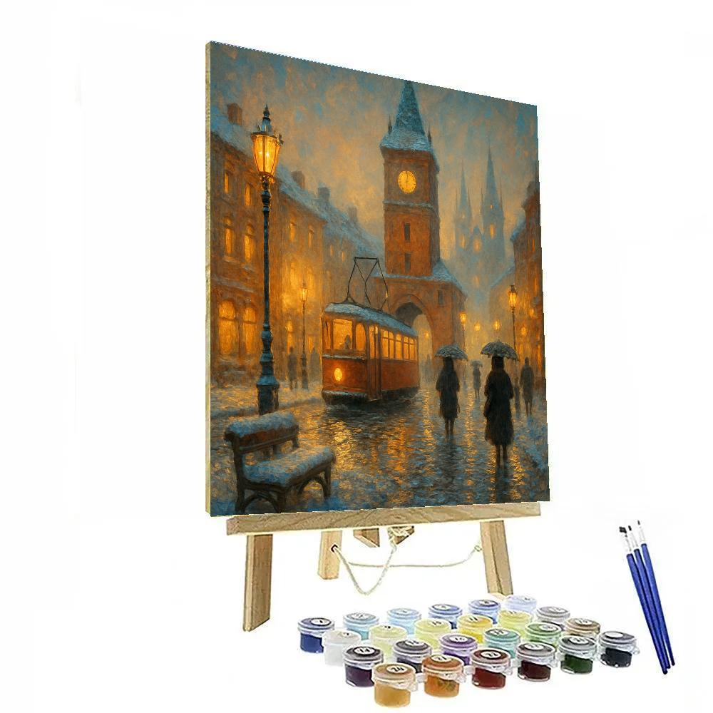 Midnight Tram And Snowlit Square Painting by numbers kit