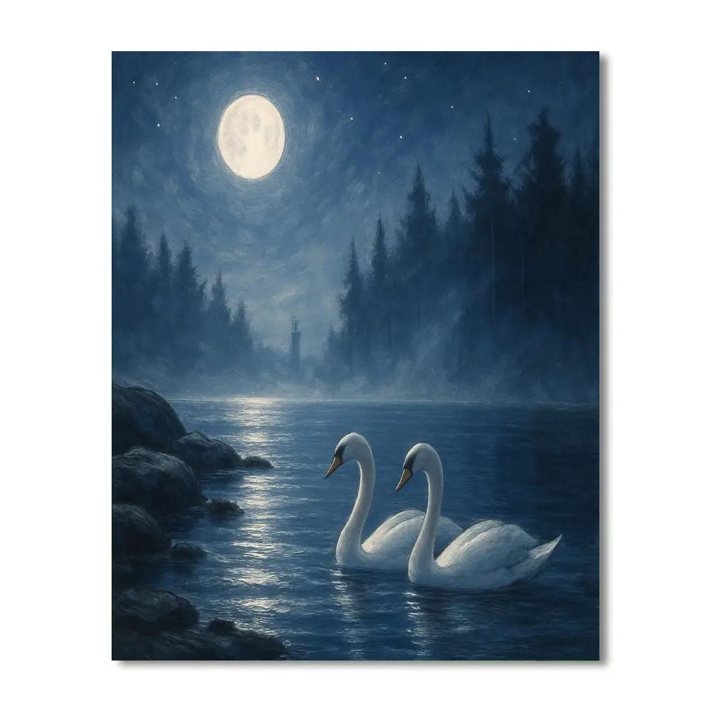 Moonlit Pine Lake Night paint by numbers