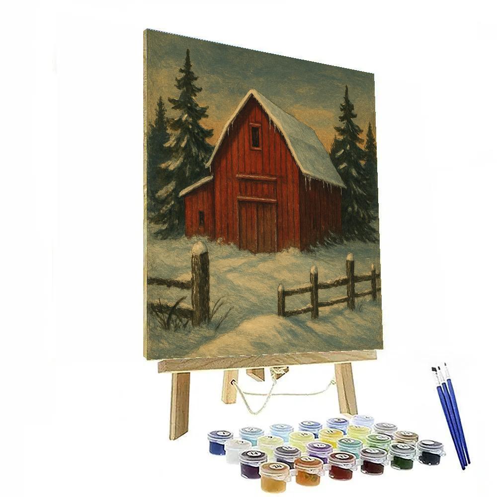 Red Barn Twilight In Snow Winter Landscape Paint by numbers art