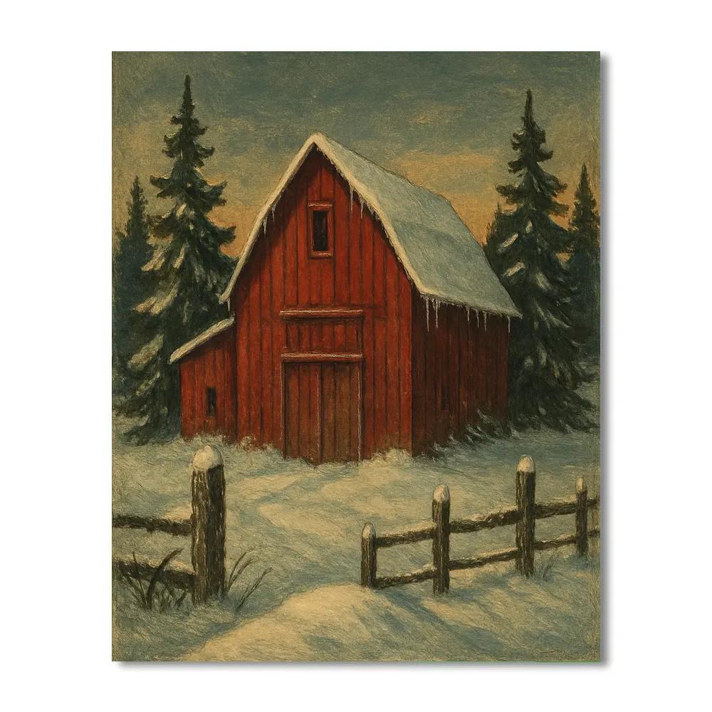 Red Barn Twilight In Snow Winter Landscape Paint by numbers art