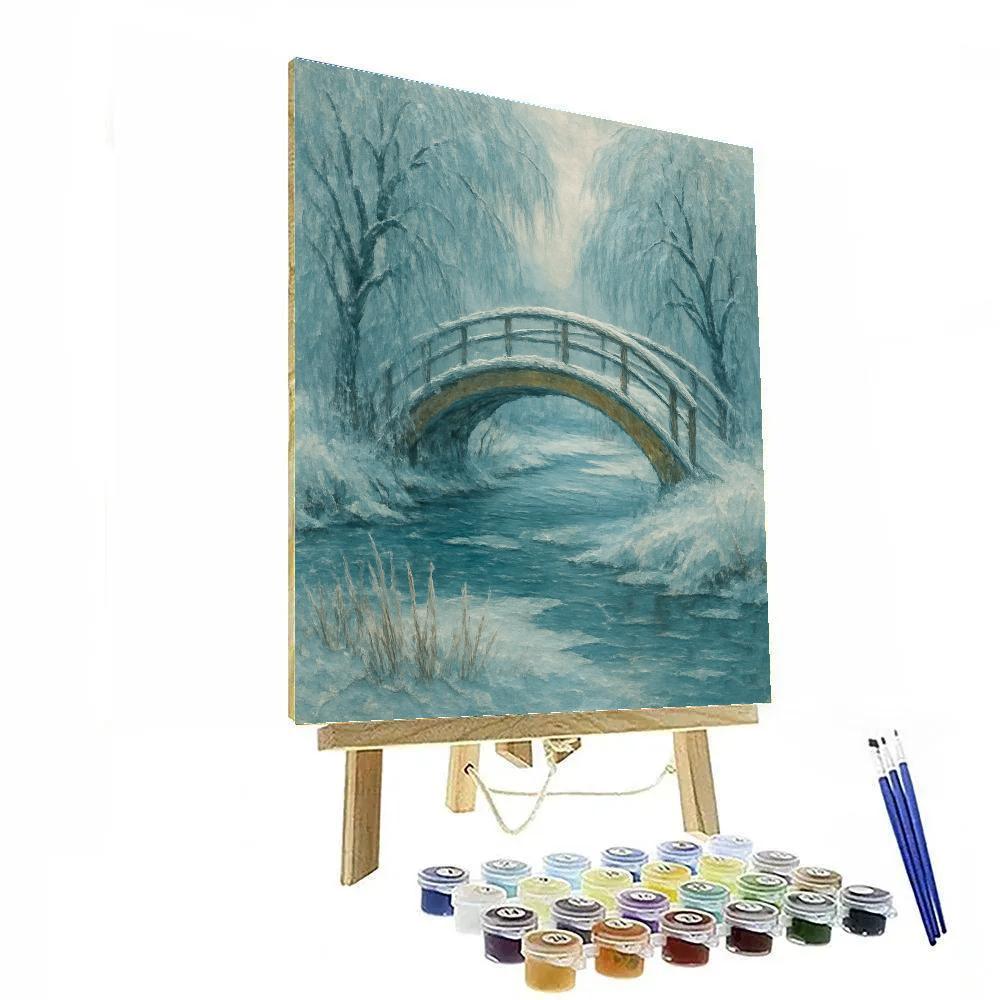 Bridge Over Icy Stream Winter Landscape paint by number