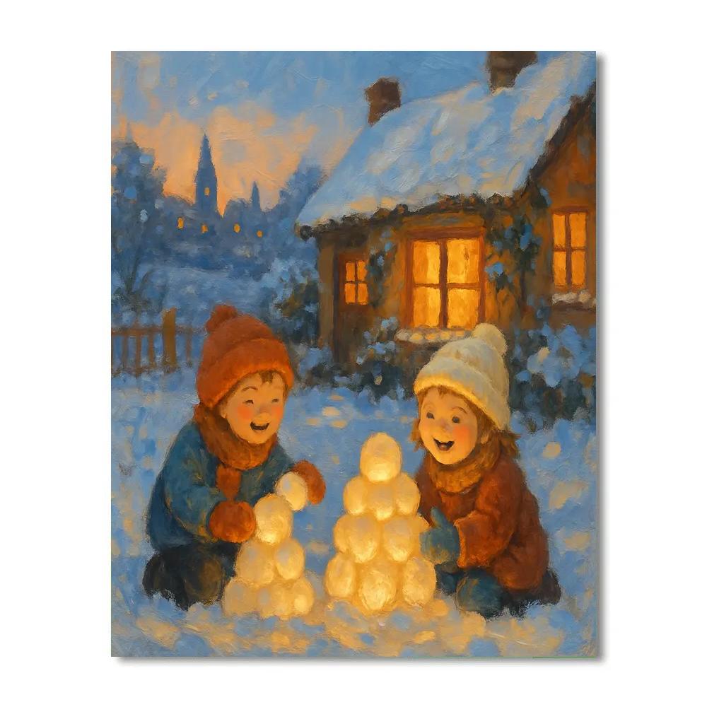 Children Sculpting Snow Lanterns Winter Landscape DIY paint by numbers