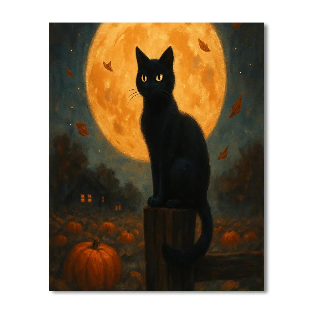 Black Cat Moonwatcher On Fence paint by numbers