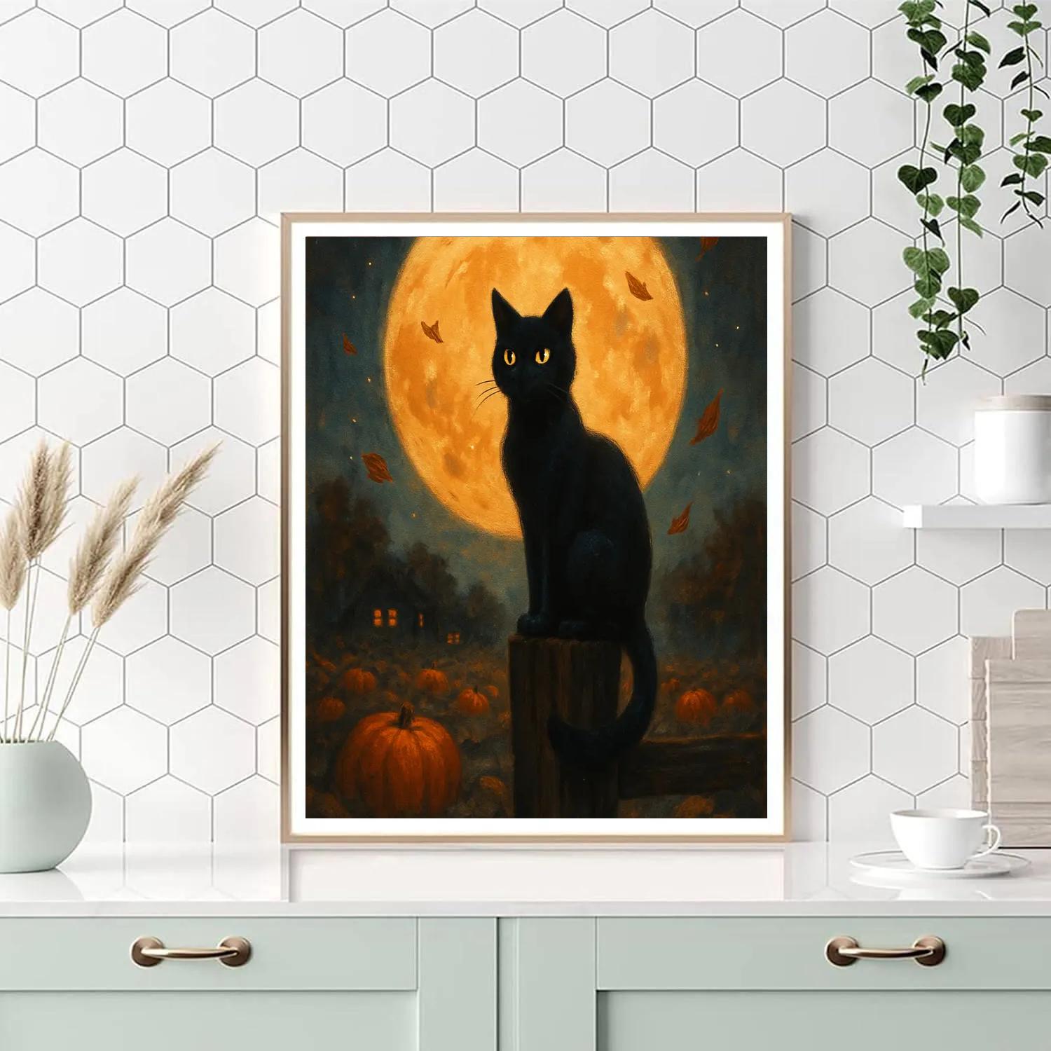 Black Cat Moonwatcher On Fence paint by numbers