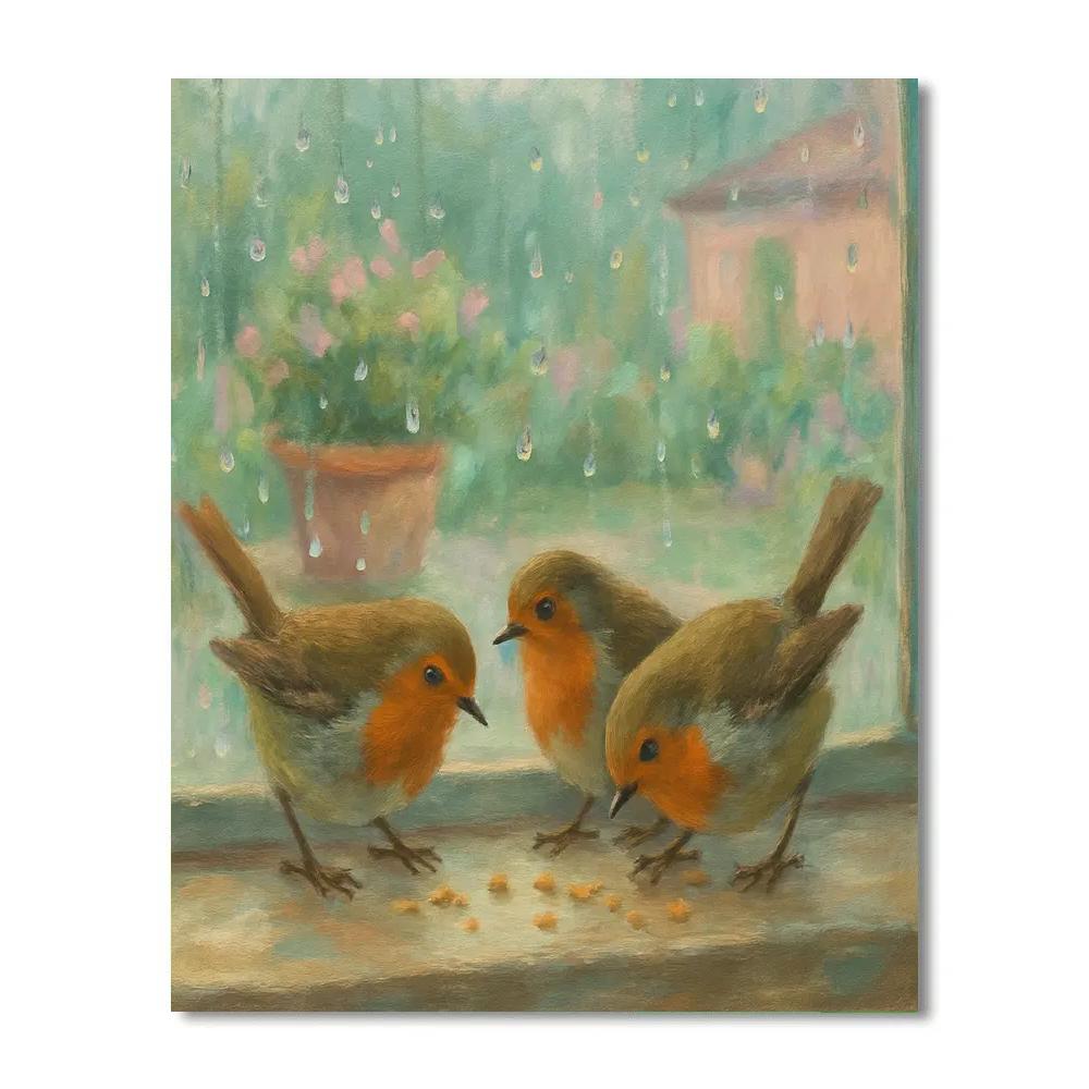 Robins In A Rainy Window Garden Numbered painting kits