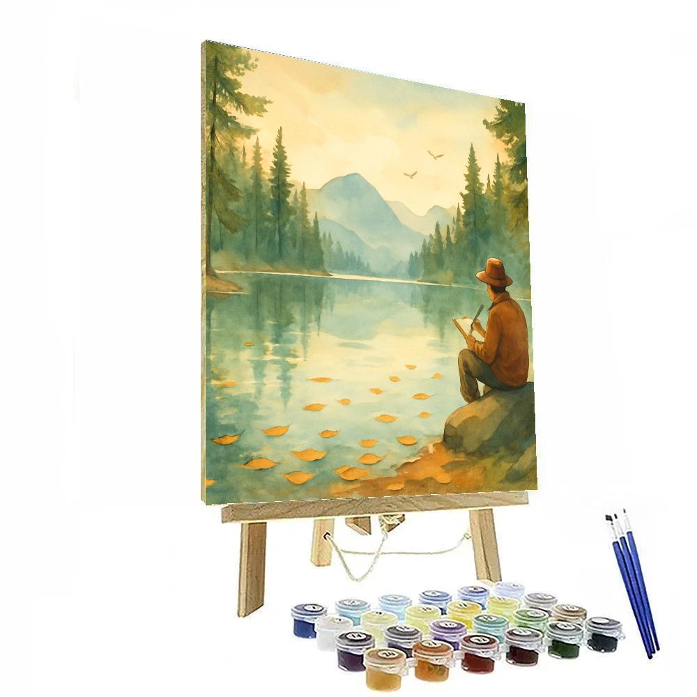Pine Rimmed Dawn With Floating Leaves paint by color