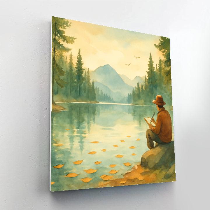 Pine Rimmed Dawn With Floating Leaves paint by color