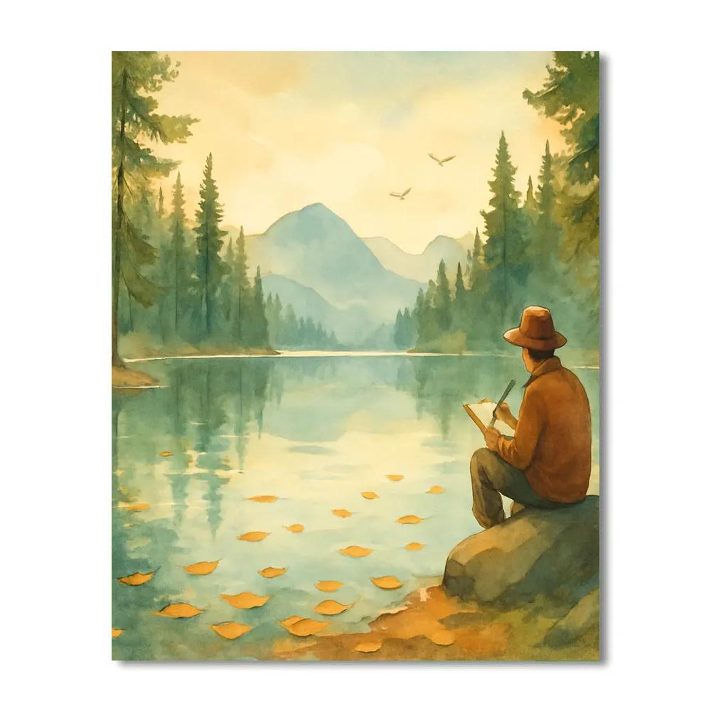 Pine Rimmed Dawn With Floating Leaves paint by color
