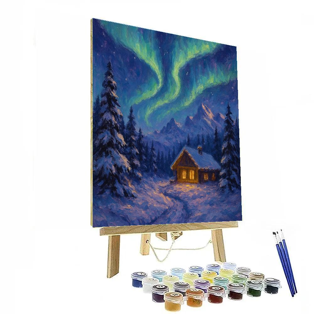 Mountain Chalet Under Aurora Winter Landscape Paint by numbers kits