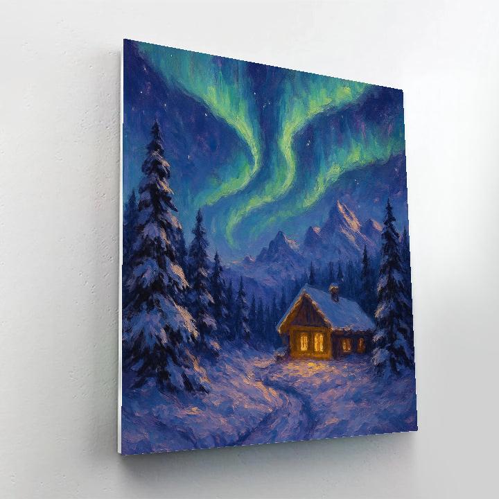 Mountain Chalet Under Aurora Winter Landscape Paint by numbers kits