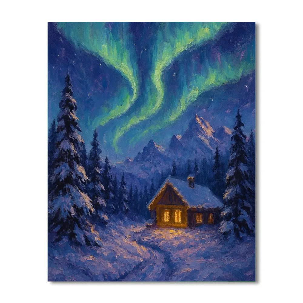 Mountain Chalet Under Aurora Winter Landscape Paint by numbers kits