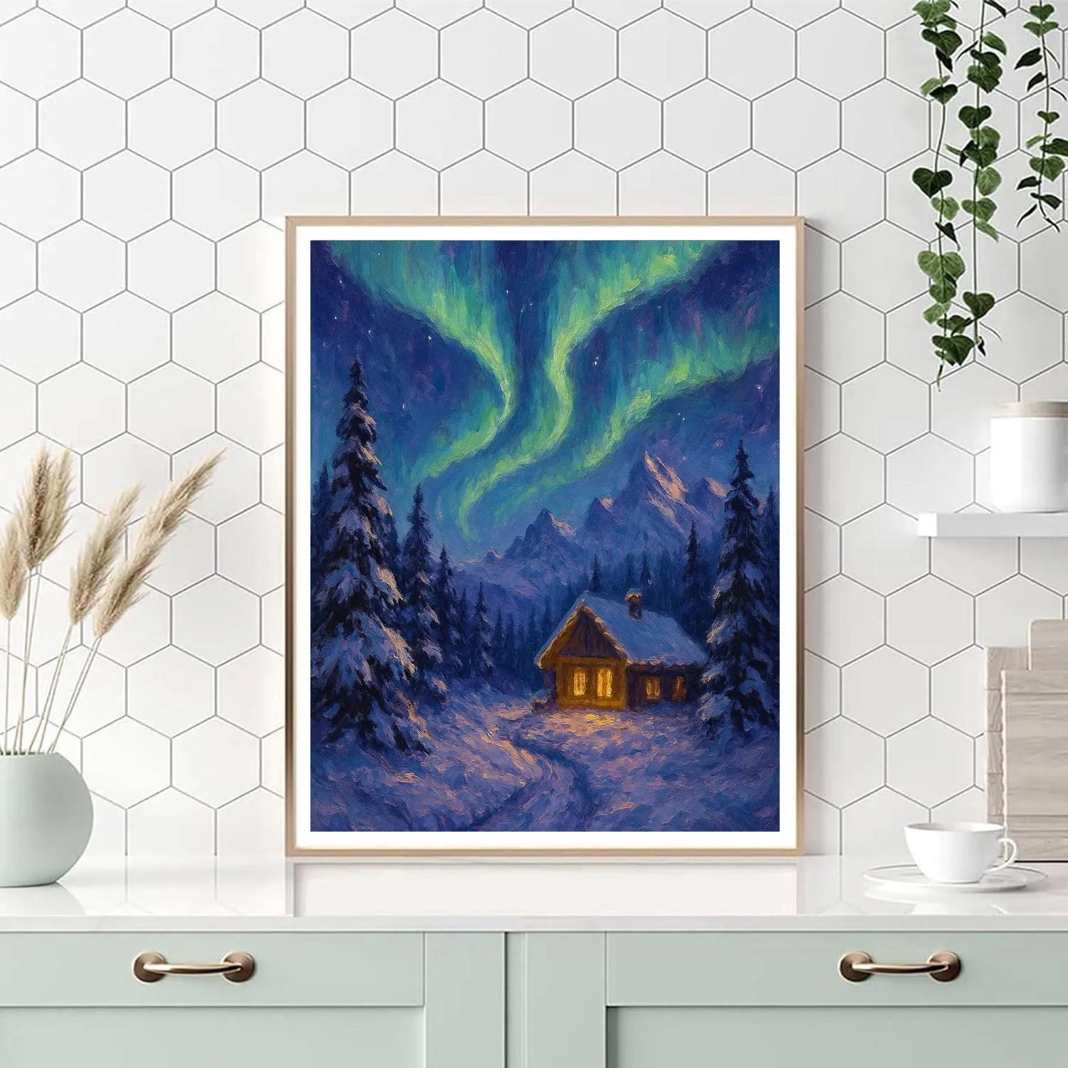 Mountain Chalet Under Aurora Winter Landscape Paint by numbers kits