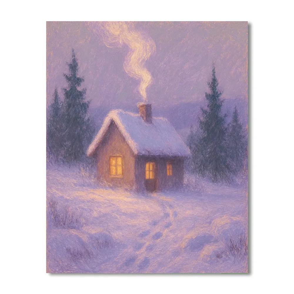 Cottage With Smoke Rising Winter Landscape paint by number