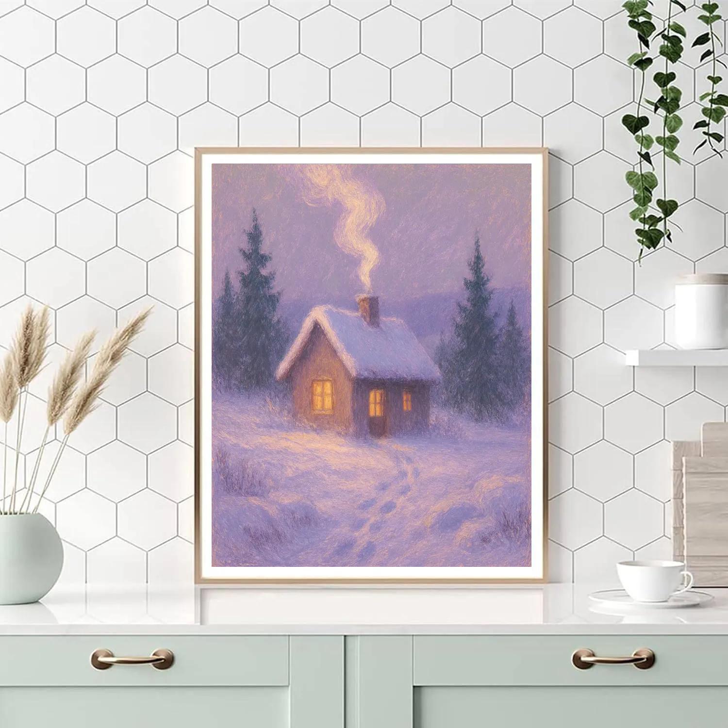 Cottage With Smoke Rising Winter Landscape paint by number
