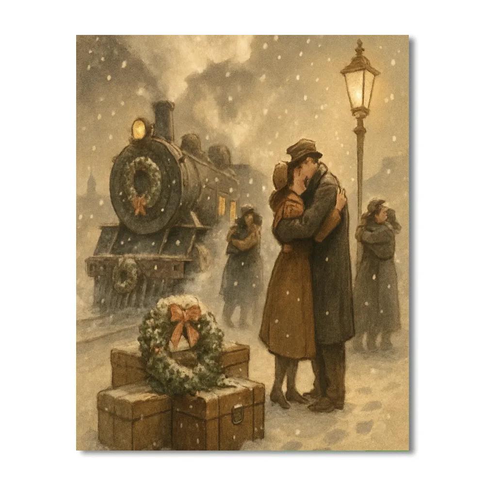 Snowy Train Station Reunion Number painting