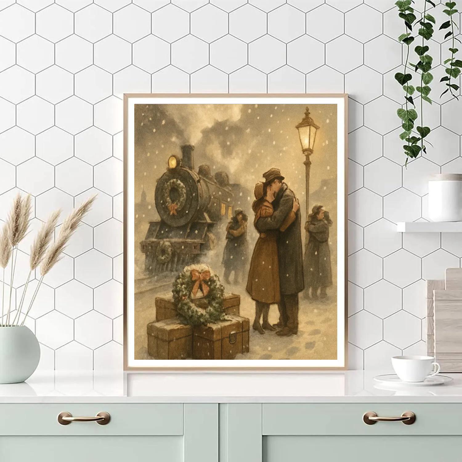Snowy Train Station Reunion Number painting