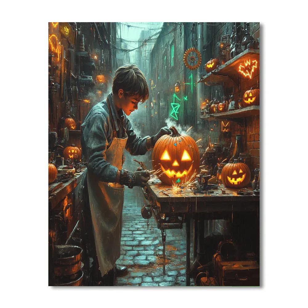 Haunted Alley Pumpkin Mechanic Paint by numbers art
