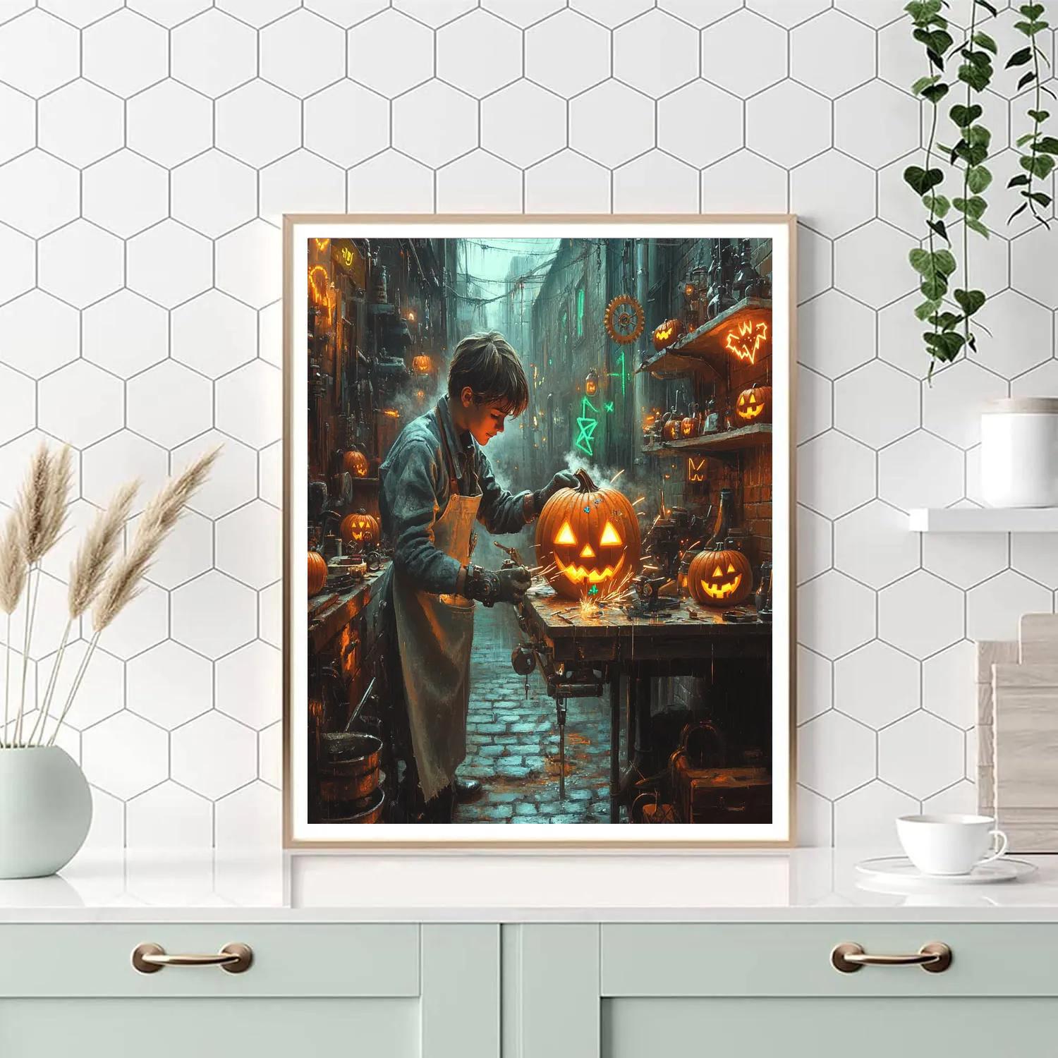 Haunted Alley Pumpkin Mechanic Paint by numbers art