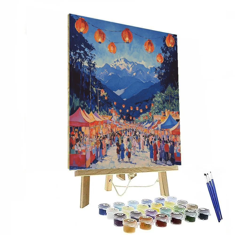 Hokusai Inspired Mountain Festival Street Scene DIY paint by numbers