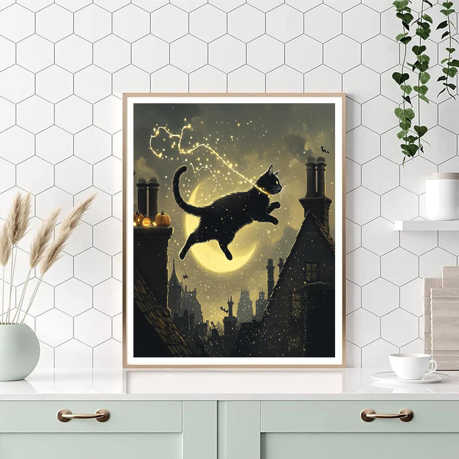 Moonlit Black Cat Acrobat Spooky paint by numbers