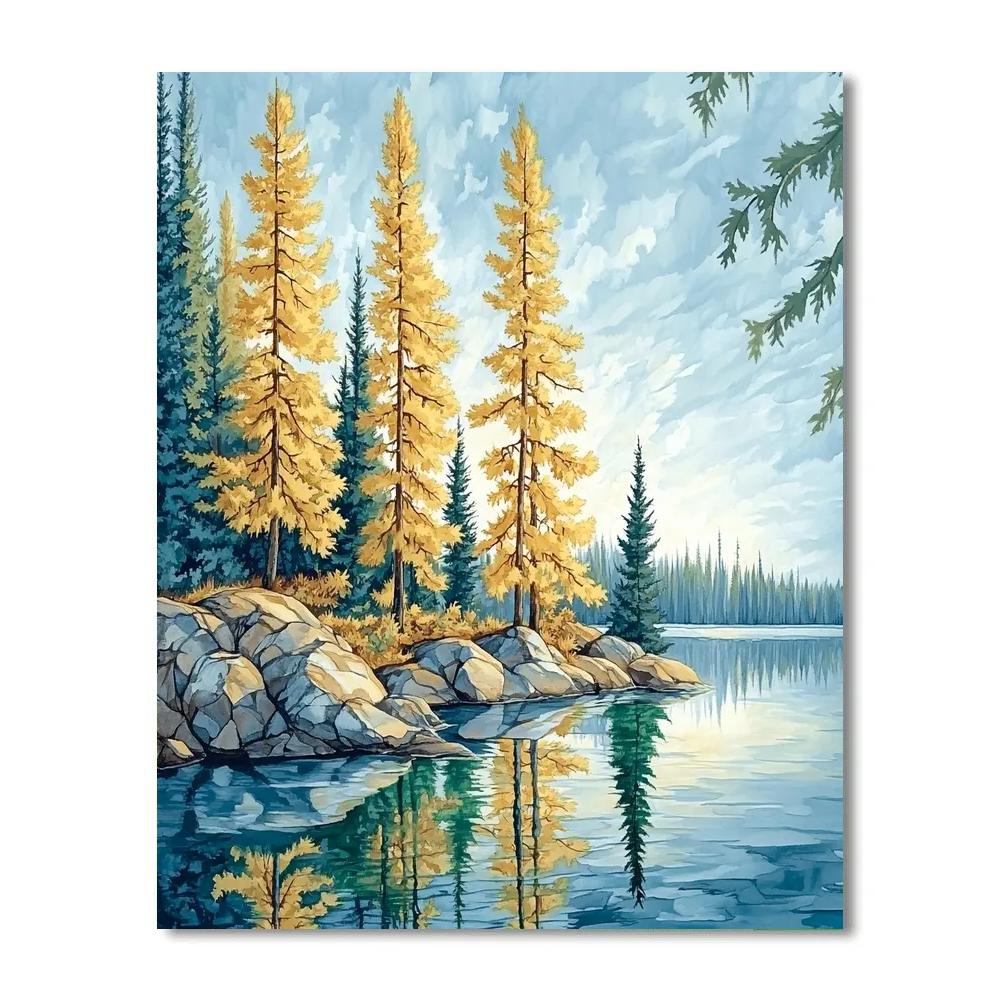 Franklin Carmichael Inspired Golden Ochre Pines By Tranquil Lake DIY paint by numbers