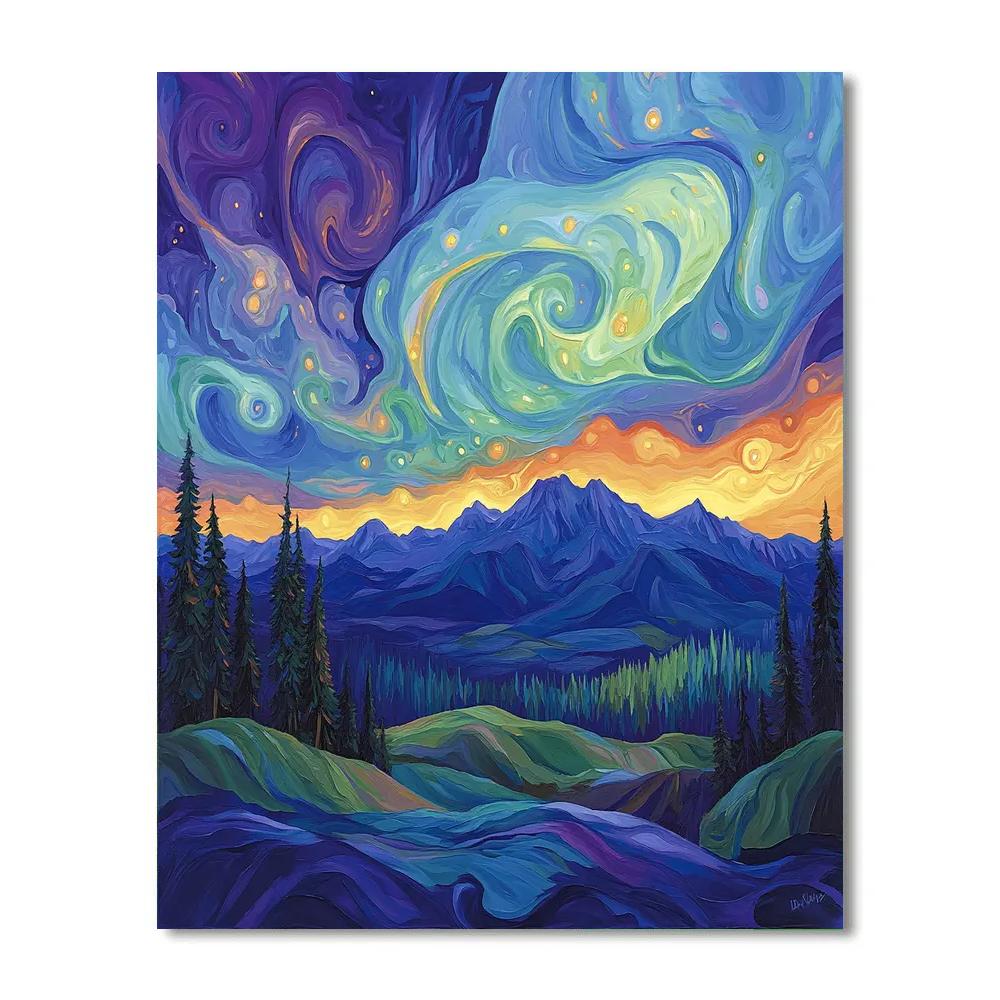 Frederick Varley Inspired Whispering Aurora Over Mountain Ridge paint by color