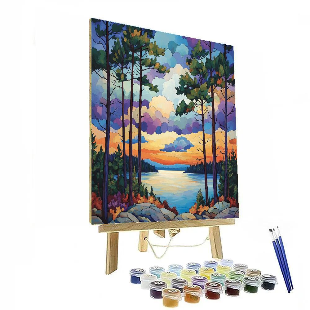 J E H MacDonald Inspired Lakeside Pines With Rhythmic Autumn Skies Number painting