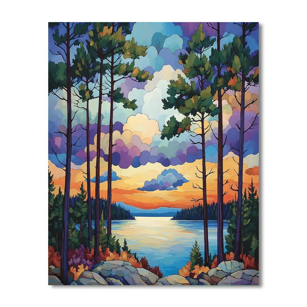 J E H MacDonald Inspired Lakeside Pines With Rhythmic Autumn Skies Number painting