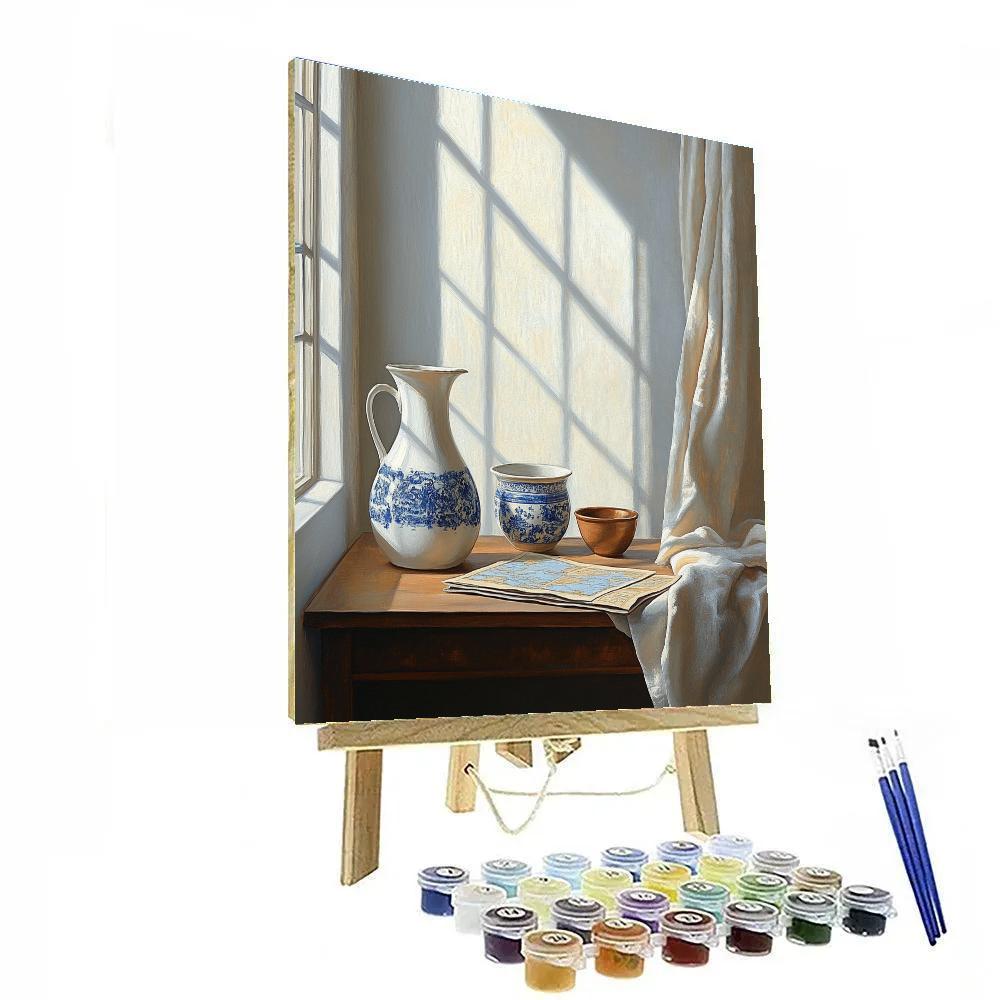 Johannes Vermeer Inspired Window-Lit Still Life With Delft Jug Number painting
