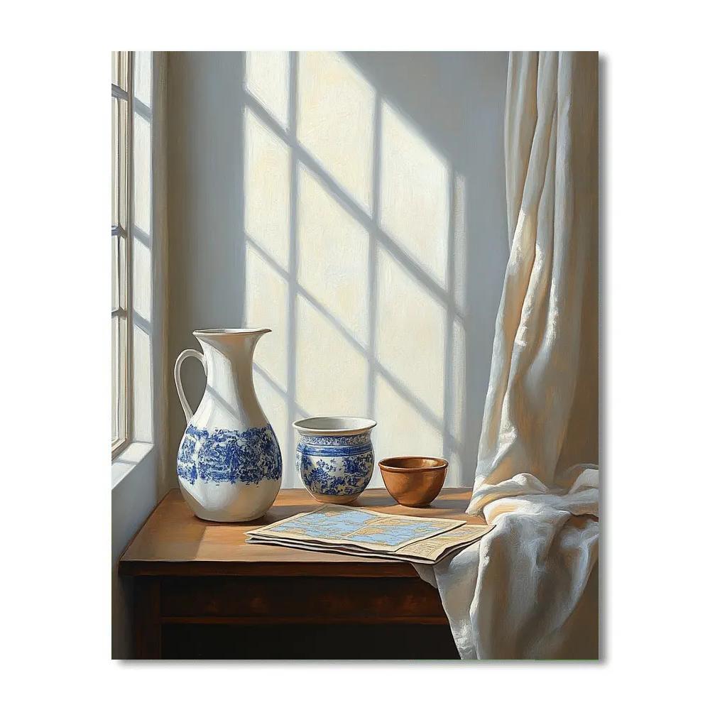 Johannes Vermeer Inspired Window-Lit Still Life With Delft Jug Number painting