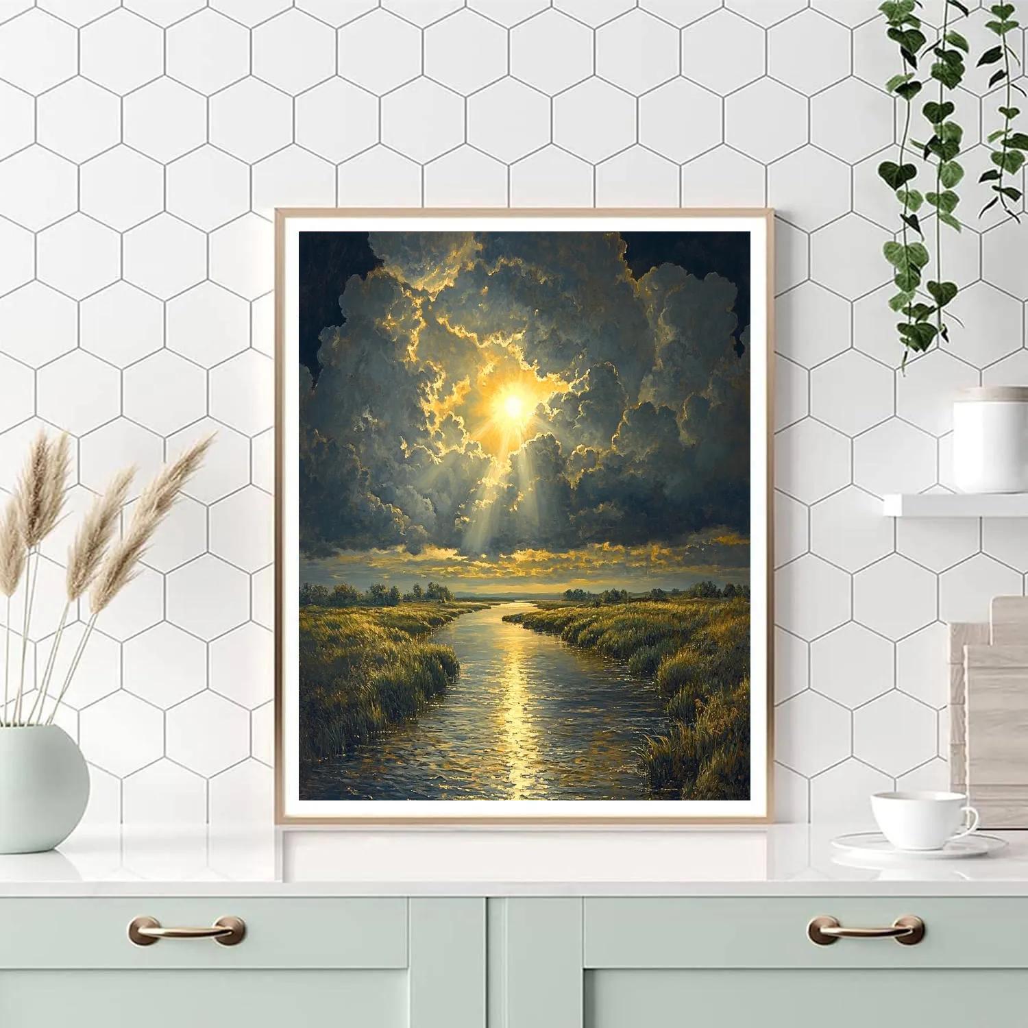 Rembrandt Inspired Storm Clouds Above Quiet River Paint by numbers art